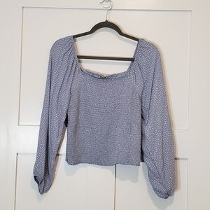 American Eagle Cropped Smocked Top Square Neck Viscose Blue White XL Jun…